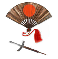 A GOLD-AND-SILVER-INLAID IRON COMMAND FAN AND AN IRON JUMONJI YARI