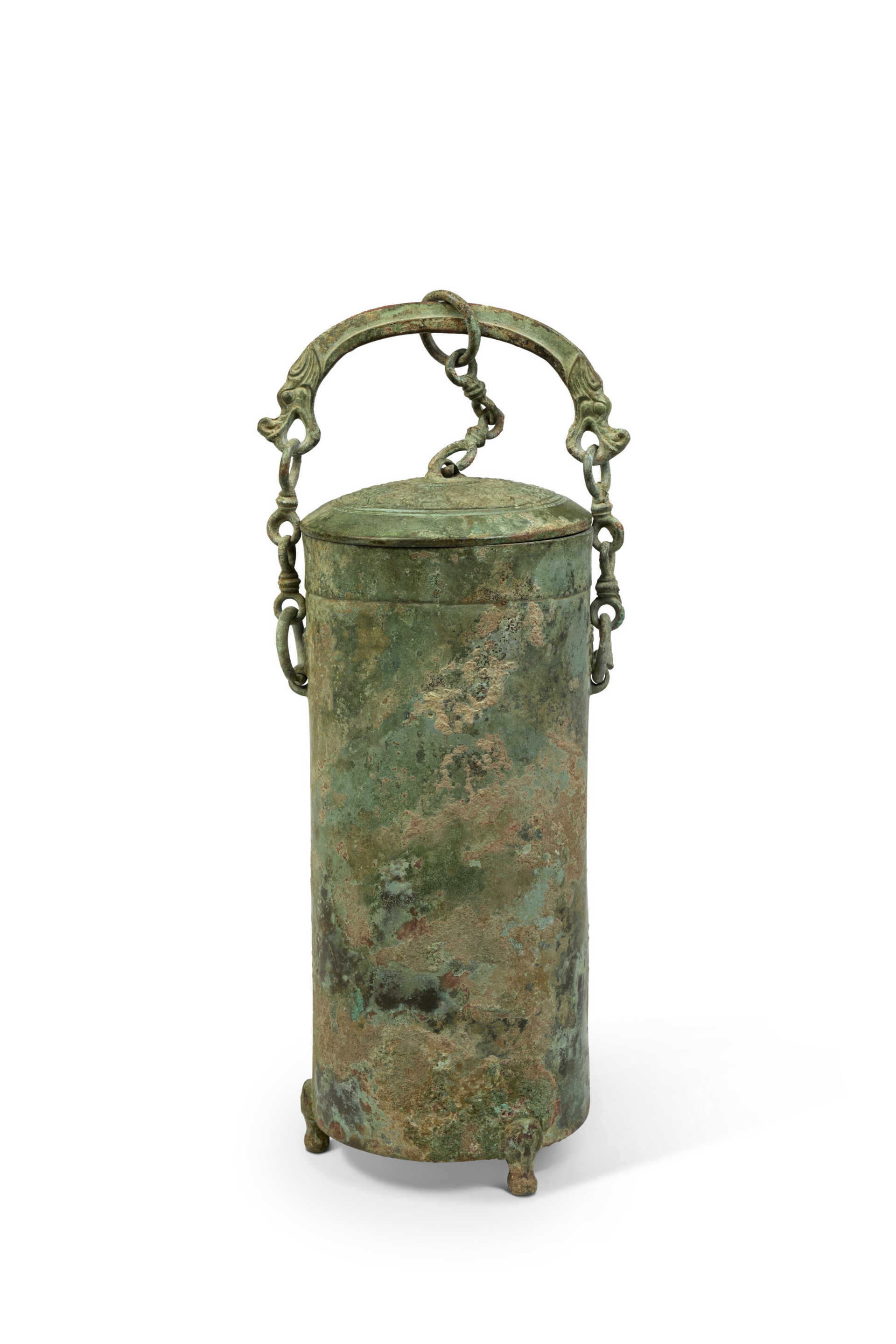 A BRONZE CYLINDRICAL TRIPOD VESSEL AND COVER, XING