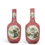 A PAIR OF RUBY SGRAFFIATO GROUND FAMILLE ROSE 'LANDSCAPE' VASES - фото 1