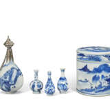 A SILVER-MOUNTED BLUE AND WHITE VASE, THREE BLUE AND WHITE MINIATURE VASES AND A BLUE AND WHITE BOX AND COVER - фото 1