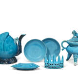 A GROUP OF SIX TURQUOISE-GLAZED VESSELS: A PEACH-FORM EWER, THREE DISHES, A TRIPOD CENSER AND COVER AND A BRUSH-REST - photo 1