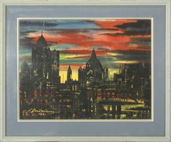 Ville la nuit watercolor Mid-20th century - Foto 1