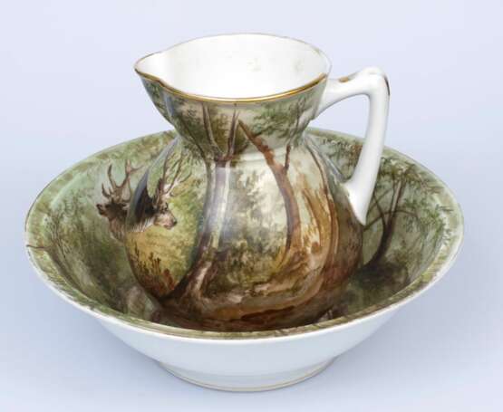 Cruche d&amp;39;eau peinte avec un bol Porcelaine Early 20th century - photo 1