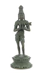 Devi Parvati Indien, 19./20. Jh., Bronze, Reste einer grünen…