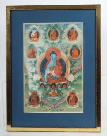 Thangka mit 7 Medizinbuddhas wohl Tibet, 19./20. Jh., Stoff… - фото 3