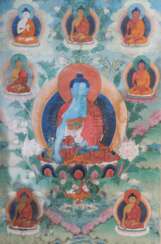 Thangka mit 7 Medizinbuddhas wohl Tibet, 19./20. Jh., Stoff…