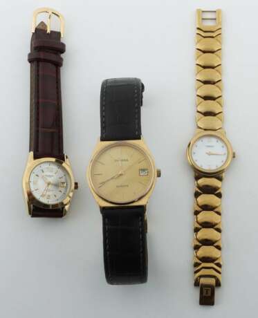 Drei Armbanduhren Edelstahl vergoldet, Quartzwerk, 1x Herren… - photo 1