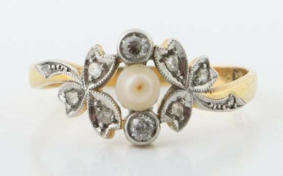 Zierlicher Ring mit Diamanten & Perle um 1900, Gelbgold 750/… - фото 1