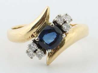 Ring mit Diamanten & Saphir 20. Jh., Gelbgold 750, ca. 5,4 g…