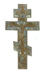 Segenskreuz Russland, 19. Jh., Bronze reliefiert, part. emal…
