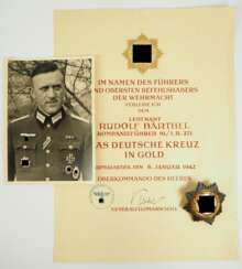 Deutsches Kreuz, in Gold, mit Urkunde des Leutnant Rudolf Bärthel - Kompanieführer 10./ Infanterie-Regiment 271 "Feldherrnhalle".