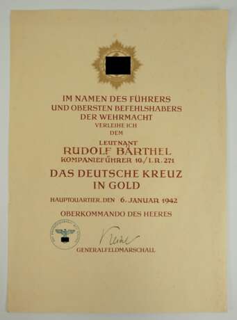 Deutsches Kreuz, in Gold, mit Urkunde des Leutnant Rudolf Bärthel - Kompanieführer 10./ Infanterie-Regiment 271 "Feldherrnhalle". - Foto 5