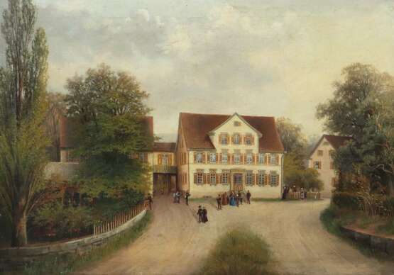 Maler des 19. Jh. ''Sonntag im Dorf'', Blick auf das Gebäude… - photo 1