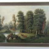 Maler des 19. Jh. ''Hirtin mit Kühen am Flusslauf'', Darstel… - Foto 2