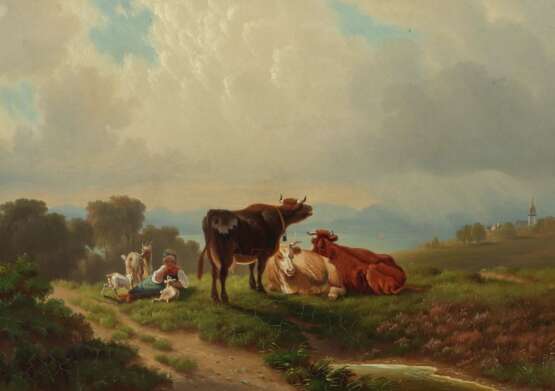 Maler des 19. Jh. ''Hirtin mit der Herde'' auf der Weide ruh… - фото 1
