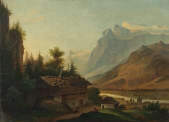 Maler des 19. Jh. ''Alpine Landschaft'', Bauernhaus mit Pers…