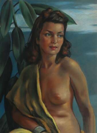 Maler des 20. Jh. ''Frau mit einem Ficus'', Halbaktdarstellu… - Foto 1
