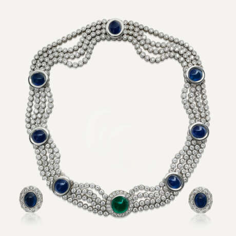 CHAUMET ENSEMBLE COLLIER ET BOUCLES D'OREILLES ÉMERAUDES, SAPHIRS ET DIAMANTS - photo 1