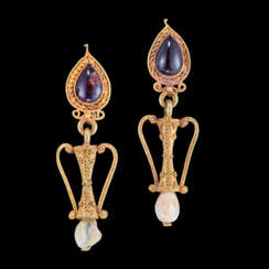 A PAIR OF GREEK GOLD GARNET AND SHELL EARRINGS