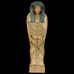 AN EGYPTIAN WOOD POLYCHROME AND GILT ANTHROPOID COFFIN FOR DJEDHOR