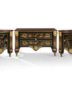 Storage furniture. A LOUIS XV ORMOLU-MOUNTED AMARANTH, CHINESE LACQUER AND VERNIS MARTIN COMMODE AND PAIR OF ENCOIGNURES