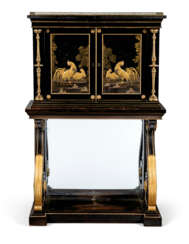 A REGENCY GILT-BRASS MOUNTED AND INLAID EBONISED, JAPANESE BLACK AND GILT-LACQUER AND PARCEL-GILT CABINET-ON-STAND