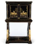 Storage furniture. A REGENCY GILT-BRASS MOUNTED AND INLAID EBONISED, JAPANESE BLACK AND GILT-LACQUER AND PARCEL-GILT CABINET-ON-STAND