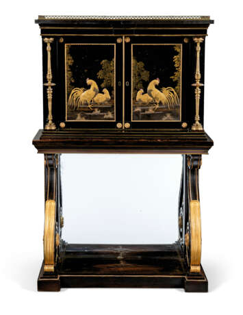A REGENCY GILT-BRASS MOUNTED AND INLAID EBONISED, JAPANESE BLACK AND GILT-LACQUER AND PARCEL-GILT CABINET-ON-STAND - photo 1