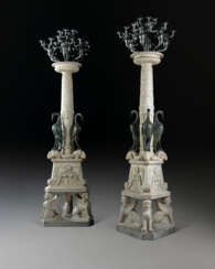 A PAIR OF MONUMENTAL WHITE MARBLE AND PATINATED-BRONZE TWENTY-FOUR-LIGHT TORCHERE CANDELABRA