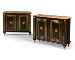A PAIR OF LOUIS XVI ORMOLU-MOUNTED AND BRASS INLAID EBONY MEUBLES D’APPUI