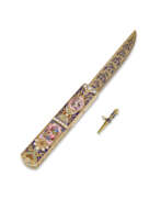 Эмаль. A SWISS JEWELLED AND ENAMELLED GOLD MUSICAL FLOWER KNIFE WITH WATCH AND MAGNIFYING GLASS FOR THE CHINESE MARKET