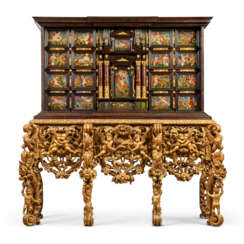 A SOUTH ITALIAN EBONY, VERRE EGLOMISE, TORTOISESHELL, ORMOLU AND GILT-METAL MOUNTED CABINET ON A CHARLES II GILTWOOD STAND