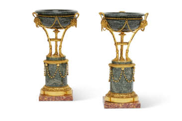 A PAIR OF LOUIS XVI ORMOLU, GREEN PORPHYRY, ‘VOSGES’ SERPENTINE AND BROCATELLE MARBLE TAZZE