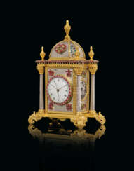 A GEORGE III SILVER, ENAMEL AND GILT-BRONZE QUARTER-STRIKING AND MUSICAL TABLE CLOCK FOR THE CHINESE MARKET