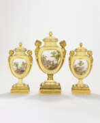 Porzellan. A SEVRES PORCELAIN YELLOW-GROUND THREE VASE GARNITURE (VASES DES AGES, 2EME AND 3EME GRANDEUR)