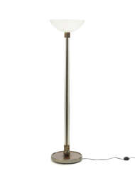 (Attributed) | Floor lamp. Murano, 1940s/1950s. Wooden and metal base, stem consisting of four crystal glass cylinders with brass elements. (h 161 cm.; d 41 cm.)
