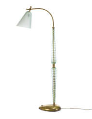Large floor lamp. Murano, 1950s. Two-piece transparent light green glass twisted stem, bell-shaped corroded glass light diffuser, metal and brass frame and base. (h 206.5 cm.) (slight defects) | | Provenance | Private collection, Milan