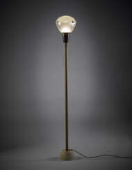 Floor lamp model "Lte7". Produced by Azucena, Milan, 1950s. Transparent pressed glass spotlight, pressed glass cup, painted aluminium cup, brass stem, marble base. (h 180 cm.) (slight defects and restoration)