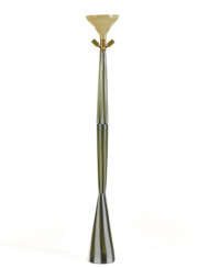 Floor lamp model "2241". Murano, 1951ca. Three overlapping truncated conical elements. Transparent "talpa" and lattimo blown glass, iron and brass frame. (h 174.8 cm.; d 24.5 cm.) | | Provenance | Private collection, Italy; | | Bonhams, New York