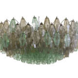 Chandelier of the series "Poliedri". 1958ca. Mould-blown transparent green and amber glass, white painted metal frame. (h 80 cm.; d 40 cm.) (slight defects) - photo 1
