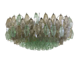 Chandelier of the series "Poliedri". 1958ca. Mould-blown transparent green and amber glass, white painted metal frame. (h 80 cm.; d 40 cm.) (slight defects)