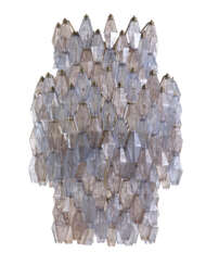 Chandelier of the series "Poliedri". 1958ca. Mould-blown light blue and amethyst glass, white painted metal frame. (h 100 cm.; d 60 cm.) (slight defects)