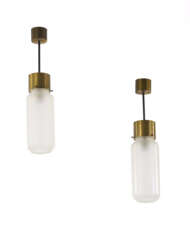 Pair of suspension lamps model "Bidone". Produced by Azucena, Milan, 1950s. Brass and white frosted glass. (h 38 cm.)