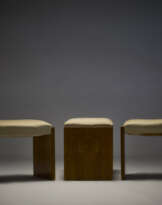 Three benches with veneer wooden frame, seat upholstered in beige fabriced