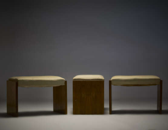 Three benches with veneer wooden frame, seat upholstered in beige fabriced - photo 1