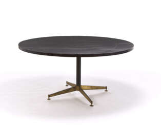 (Attributed) | Table with extension. How, 1950s. Metal and brass frame, ebonised wooden top. (h 81 cm.; d 170 cm.) (slight defects) | | Provenance | Private collection, Como
