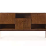 Custom-designed sideboard - bar cabinet. How, 1960s. Solid and veneered wooden frame. Three open and three storage compartments, the central one with double doors and the side ones with drop-downs. (210.5x118x45 cm.) (minor defects and small losses) - photo 1