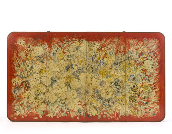 Recessed bar cabinet with front painted with floral motifs. Milan, 1940s/1950s. Wooden frame and panel painted with a floral motif on the front in shades of red, yellow and blue. (182.5x103.5x28 cm.) | | Provenance | Private collection, Milan - Foto 1