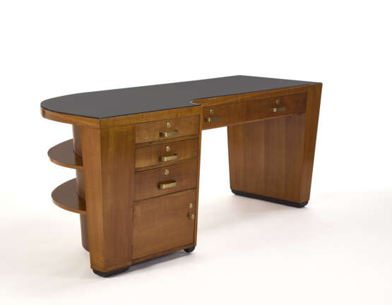 Rationalist centre desk with six drawers and two shelves. Milan, 1930s. Solid and veneered wood frame, black opaline top, leather-covered bands, aqua green painted interiors. (200x80.5x92 cm.) (professional restoration) | | Provenance | Private co - фото 1