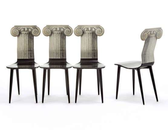 Four chairs model "Capitello Jonico". Milan, 2000s. Solid wooden frame, back decorated with silkscreen printing. Bearing manufacturing label and mark. (41x95.5x45 cm.) (slight defects) - photo 1